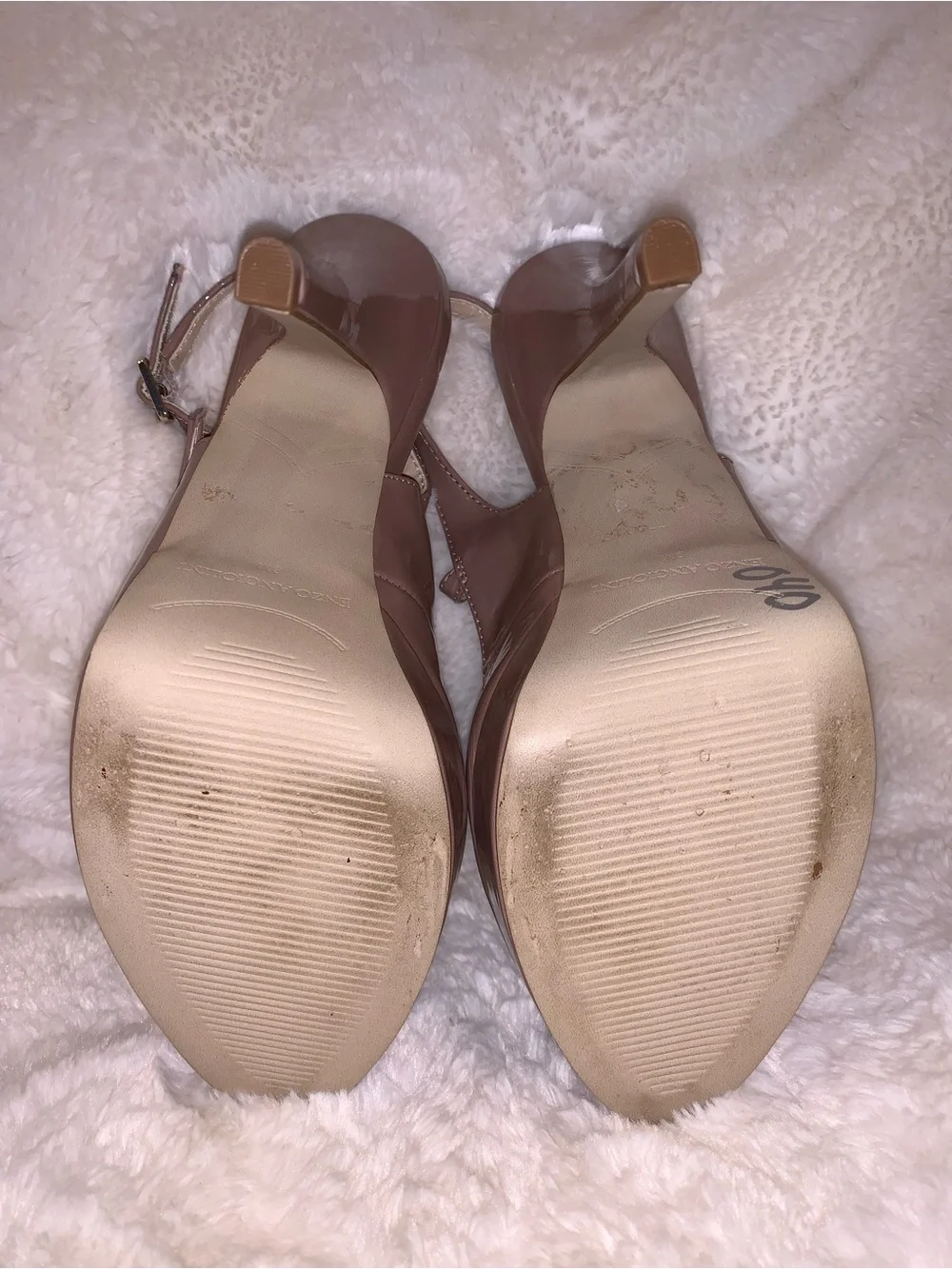 Enzo Angiolini Patent Peep-Toe Platform Heels in Nude/Taupe